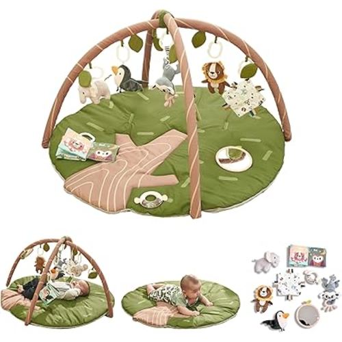 Baby Play Gym Mat - Jungle Safari Activity Mat with 8 Detachable Toys for Sensory Development - Thick, Oversized, Washable and Non-Slip Bottom Playmat - Perfect Tummy Time Mat for Baby