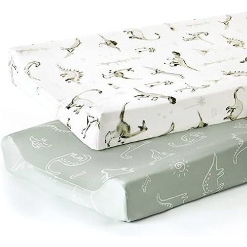 GRSSDER Stretch Ultra Soft Jersey Knit Changing Pad Cover Set 2 Pack, Change Table Pad Covers Fit 32"/34" x 16" Pads Safe and Snug, Pretty Pattern for Baby, Dinosaur
