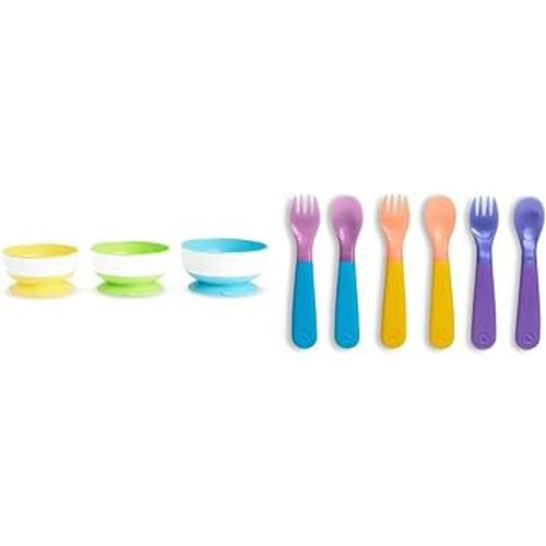 Munchkin® Stay Put™ Suction Bowls for Babies and Toddlers, 3 Pack, Blue/Green/Yellow & ® ColorReveal™ Color Changing Toddler Forks and Spoons, 6 Pack