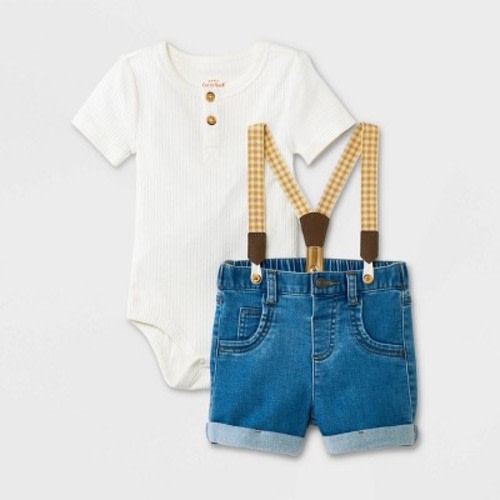 Baby Boys' Mini Man Denim Suspender Top & Bottom Set - Cat & Jack™ Cream/Blue, Size: 12M