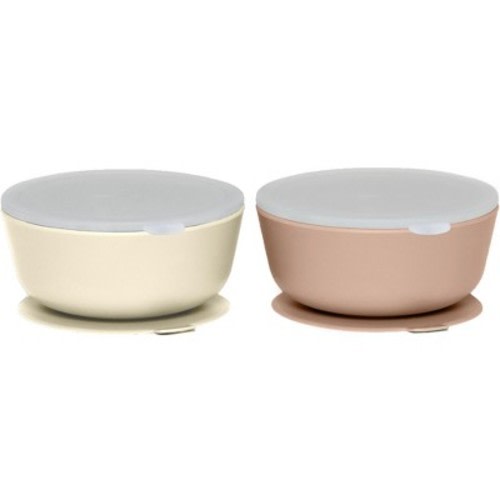 Weesprout Suction Bowls for Baby & Toddlers, 100% Silicone with Plastic Lid, 12 oz - Muted Tan + Muted Off White, Set of 2