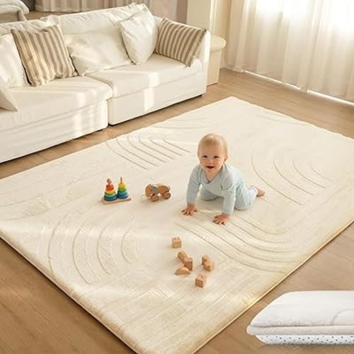 1.3" Extra Thick Fluffy Baby Play Mat for Floor,6'×9'Large Padded Kids Rug with Ultra Soft 3D Carved Faux Rabbit Fur,Non-Slip Carpet Nursery Rug Area Rug for Playroom Living Room(Cream)