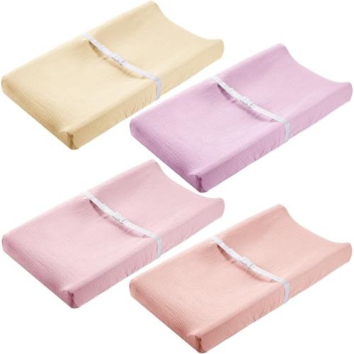 Mixweer 4 Pack Muslin Changing Pad Cover Soft Breathable Cotton Diaper Changing Table Pad Cover Table Sheets for Baby Boys Girls, Fit 2 Sizes(Pastel Color)