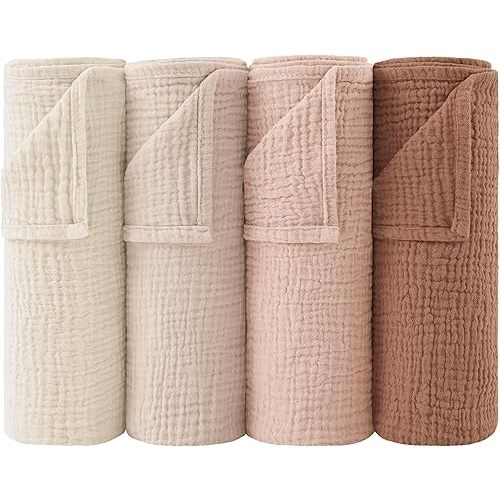 Bearmoss Muslin Baby Washcloths 100% Cotton Bath Wash Cloth Large Ultra-Absorbent Burp Cloth Soft Face Towel for Newborn Baby Boy and Girl, 23x23inch 4 Pack (Cinamon)