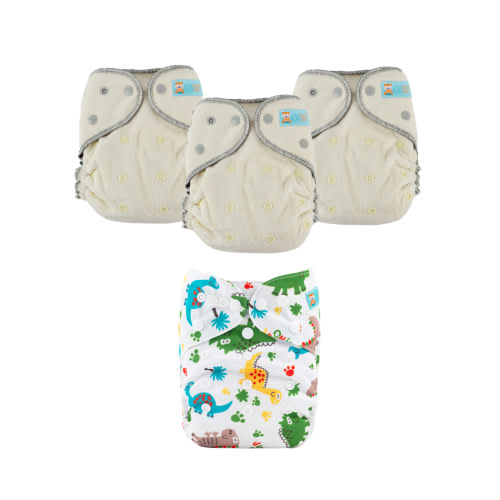 Bundle of 3 Bamboo Fitted Cloth Diapers with 1 Diaper Cover