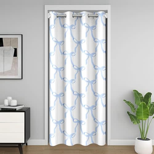 Feelyou Blue Bow Print Room Blackout Curtain Cute Bowknot Closet Door Cover Curtain for Bedroom Living Room Set Ribbon Bow Door Curtain for Doorway Privacy Blue Bow Room 1 Panel, 34"x80"