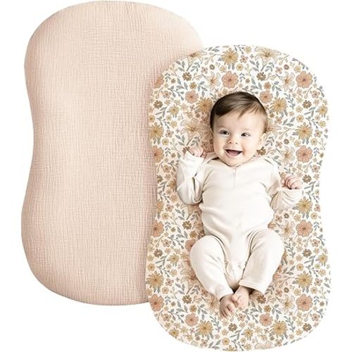 Konssy Muslin Baby Lounger Cover 2 Pack, 100% Cotton Newborn Lounger Cover, Soft and Breathable Lounger Cover for Boys Girls, Covers Only (Bouquet,Cream)