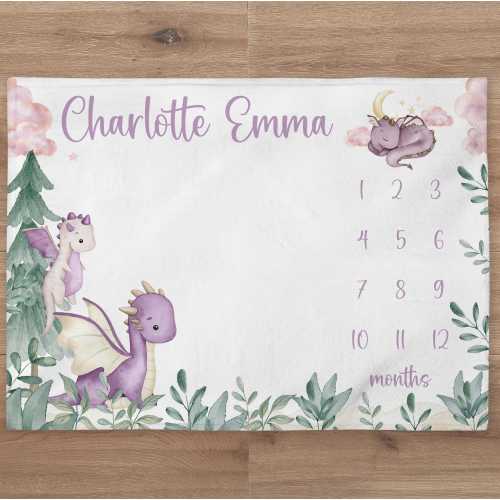 Dragon Milestone Blanket Personalized Forest Baby Girl Month Blanket Moon Stars Nursery Custom Age Newborn Tracker New Mom Baby Shower Gift