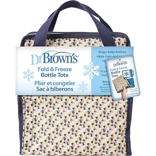 Dr. Brown's Fold & Freeze Bottle Tote, Travel Baby Bottle Insulated Cooler Bag, Store Up to 6 Baby Bottles, Geometric Multicolor, BPA Free
