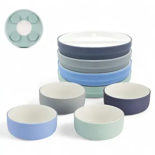 Kids Porcelain Mealtime Bundle | Suction Sleeves | 6.7" Plates + Bowls | 8 Pcs | Sage/Misty Blue/Navy/Gray