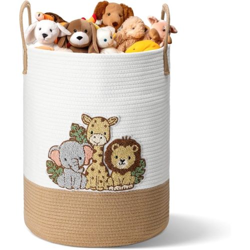 LemonRoad Wild Animals Laundry Hamper Large Cotton Rope Storage Basket Woven Storage Bucket with Handles for Bathroom Bedroom Nursery Toy Clothes Organizer, 60 L