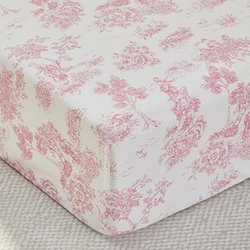 Brandream Baby Crib Sheets for Girls Boys, Fitted Crib Sheet for Standard Crib and Toddler Mattress, Super Soft 100% Cotton Baby Sheet French Country Pink Toile Floral Print, Crib/Toddler