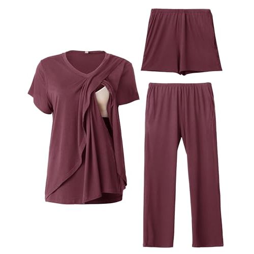 Rnxrbb V Neck Nursing Pajamas Set 3 Pack Postpartum Pjs Breastfeeding Sleepwear for Women Double Layer with Pockets
