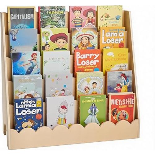 VEVOR 5-Tier Montessori Bookshelf, Scalloped Kids Bookcase, Wooden Book Shelf with 2 Dual Hooks, Daycare Furniture Display Bookshelf for Bedroom, Living Room, Entryway, Nursury, Preschool