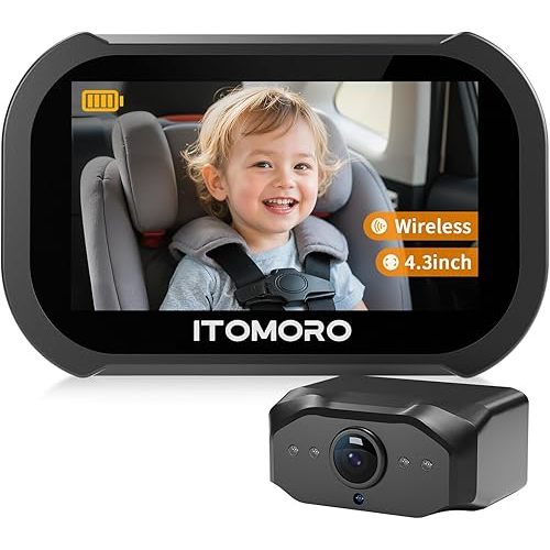 Itomoro Wireless Baby Car Camera, Rechargeable Car Baby Monitor with 4.3" HD 1080P Night Vision Display, Backseat Camera for Kids Max Range 1000FT, Easy Installation 360° Rotatable Rear Facing Mirrors