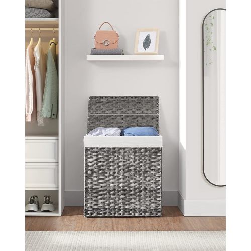 SONGMICS Laundry Hamper with Lid, 110L Clothes Hamper with 2 Removable Liner Bags, 6 Mesh Bags, Wicker Laundry Basket, Double Laundry Hamper for Bathroom, 13 x 22.4 x 23.6 Inches, Gray ULCB52WG