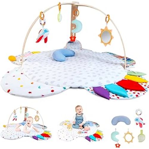 WOODMAM Baby Play Gym with Play Mat for Babies & Toddlers, Wooden Baby Einstein Activity Center with Detachable Toys Play Gym for Newborn to Toddlers