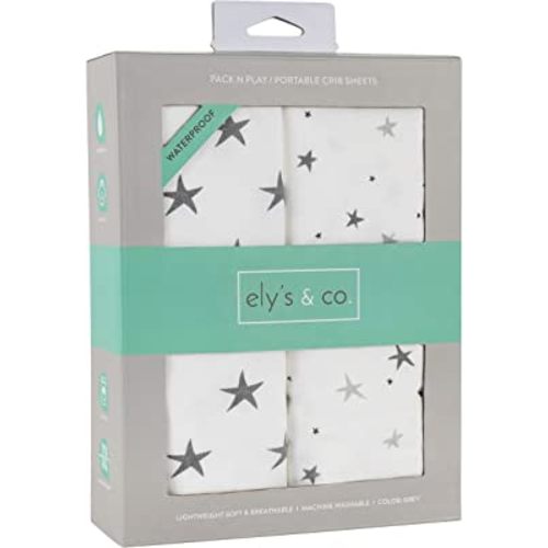 Ely's & Co. Patent Pending Waterproof Pack n Play│Mini Crib Sheet 2-Pack Set for Baby Boy or Baby Girl - 100% Combed Jersey Knit Cotton Sheets with Eco-Friendly Waterproof Lining — Grey Stars