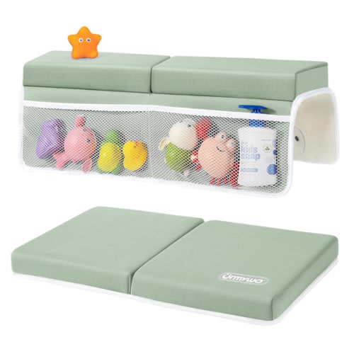 URMYWO Bath Kneeler and Elbow Rest Pad Set - 1.5" Thick Baby Bath Kneeler Pads with Toys Organizer, Anti-Slip Cozy Knee & Arm Support Bathtub Mat, Quick Dry Kneeling Pad for Baby Bath Time