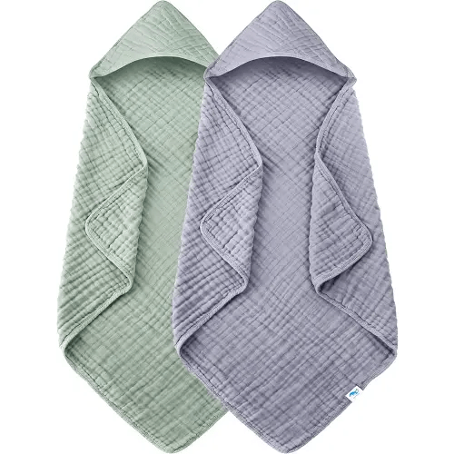 SWEET DOLPHIN Muslin Hooded Baby Bath Towels - 2 Pack 100% Cotton Towel for Babies, Infants, Toddlers - 32x32Inch - Highly Absorbent and Newborn Essential, Green and Grey