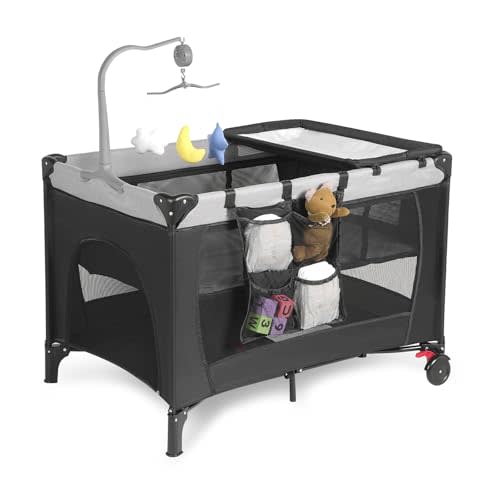 Pack and Play, Travel Crib, with Changing Table, Portable Pack and Play, with Carry Bag, Foldable, Portable Crib for Toddlers 1-3(Black)