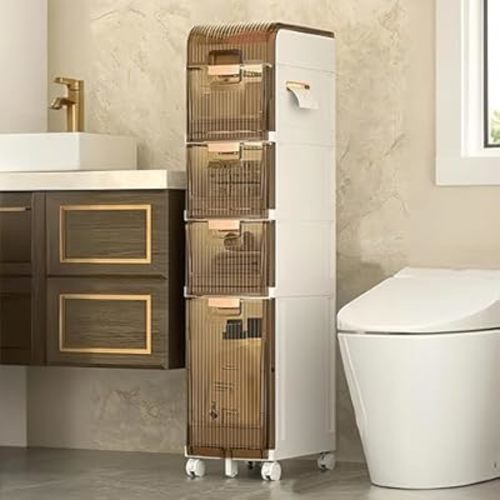 Slim Bathroom Storage Cabinet 5-Tiers, Narrow Movable Bathroom Organizer for Small Spaces, Out of Box Ready