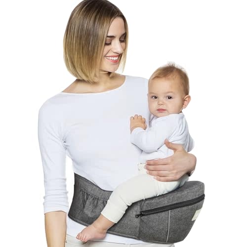 Safotad Baby Carrier with Hip Seat, Ergonomic Front Carrier for Newborns & Toddlers, Adjustable Waistband with Strong Support, Large Pocket Design, Grey