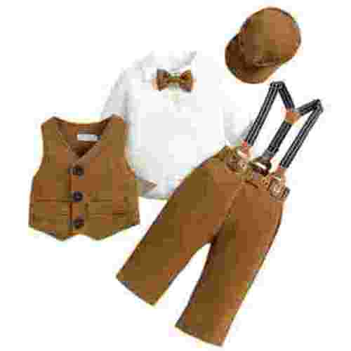 FYMNSI Baby Boy Suit Gentleman Outfit Clothes Set Infant Tuxedo Long Sleeve Dress Shirt+Vest+Suspender Pants+Bowtie+Beret Hat 6-12 Months Kahaki