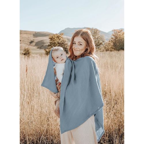 Konssy Muslin Nursing Cover for Breastfeeding, 360° Full Privacy Breathable 100% Cotton Breastfeeding Cover, Multi-use Carseat Canopy(Blue)