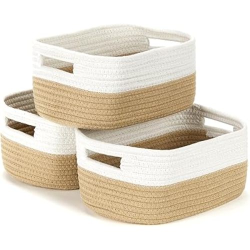 Bidtakay Small Cotton Rope Storage Baskets for Organizing 3 Pack Woven Baskets for Storage Closet Organizer Bins for Shleves 11.8×7.8×5 inch Cute Boho Decorative Basket with Handles - White&Beige