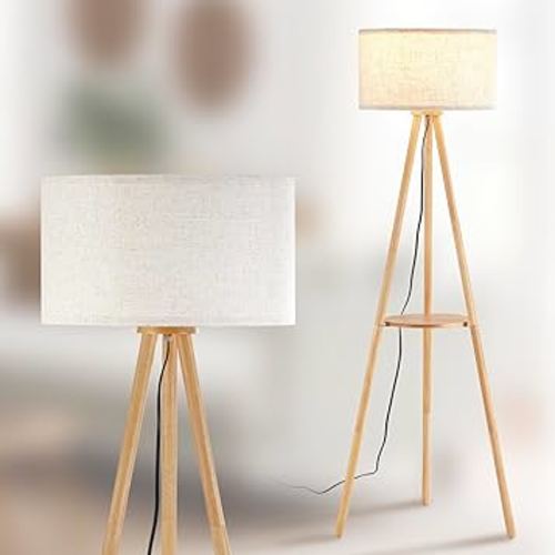 Wood Tripod Floor Lamp with Shelves,Linen Shade Modern Mid Century Wooden Standing Floor lamp for Living Room,with Three Color temparature Bulb Included,ETL Listed/Natural Wood Color