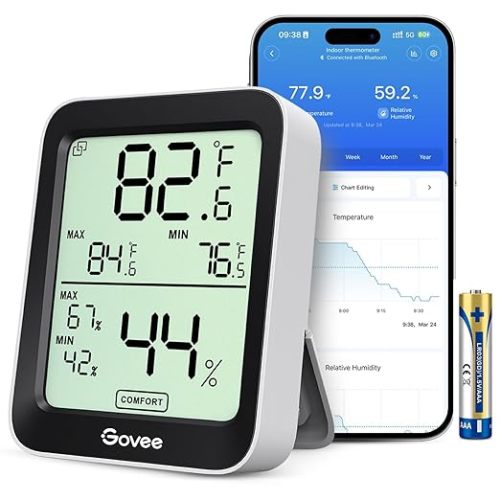 Govee Digital Hygrometer Indoor Thermometer Room H5075, Bluetooth Temperature Humidity Meter with 164ft Remote App Control, Notification Alerts, 2 Years Data Storage Export for Bedroom, Wine Cellar