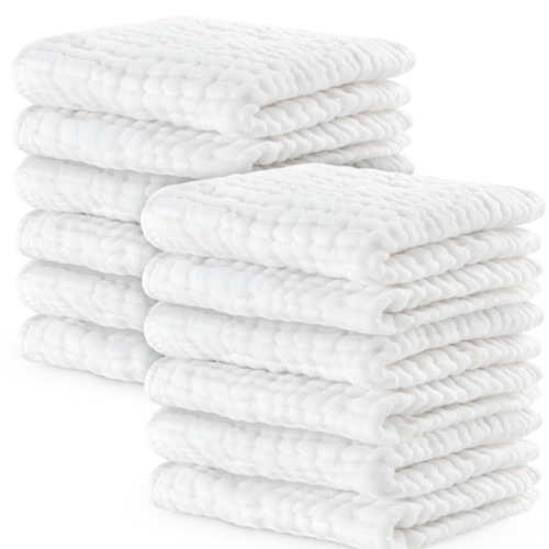 Comfy Cubs Muslin Baby Washcloths 10 Pack - Soft 6-Layer Cotton Wash Cloths for Sensitive Skin - 10"x10" Large, Gentle, Absorbent Infant Essentials for Newborn and Toddlers - White
