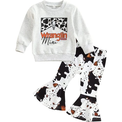 Omkzanbi Western Baby Girl Clothes Cowgirl Sweatshirt Retro Boho Cow Print Flared Pants Toddler Bell Bottoms Winter Outfits