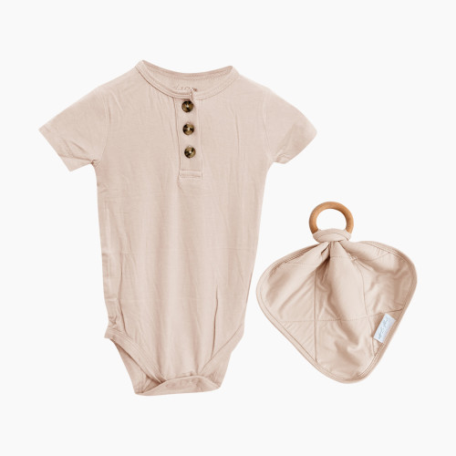Snuggle Shield LUXE Bamboo 3 Button Bodysuit and Matching Beechwood Lovey Teether Set - Tan Sand, 0-3 M