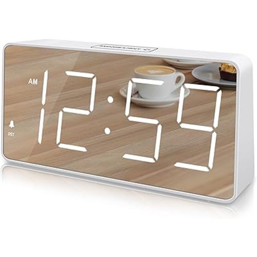 Peakeep Digital Clock, Alarm Clock Battery Backup Powered for Bedrooms – Mirror Face Large Numbers 6 Dimmer for Seniors, Super Loud for Heavy Sleepers (White)