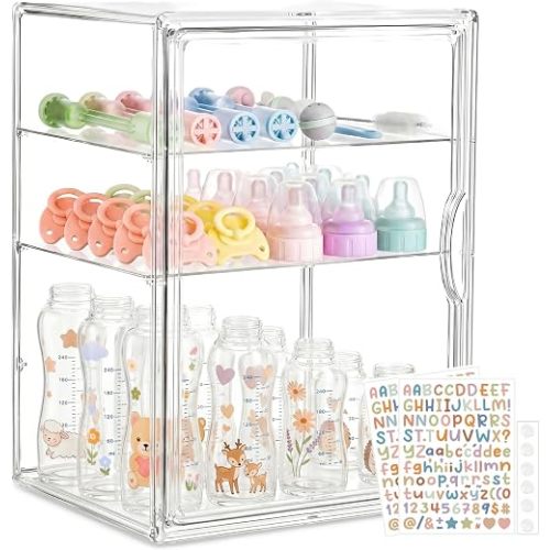 Baby Bottle Organizer, 3 Tier Bottle Storage Organizer with 2 Sheet Alphabet Stickers, 2 Removable Dividers and Magnetic Door, Clear Bottle Station Organizer for Countertop Cabinet