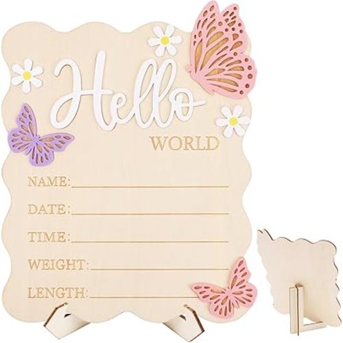 Butterfly Daisy Announcement Sign for New Baby, Wooden Hello World Newborn Sign with Bracket