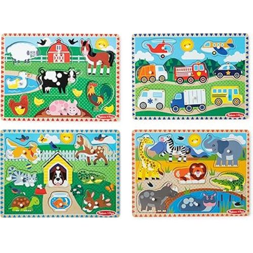 Melissa & Doug Wooden Peg Puzzle Set – 4-Pack Vehicle, Farm, Safari & Pet Animal Themes – Educational Puzzles for Toddlers and Preschoolers Ages 2+