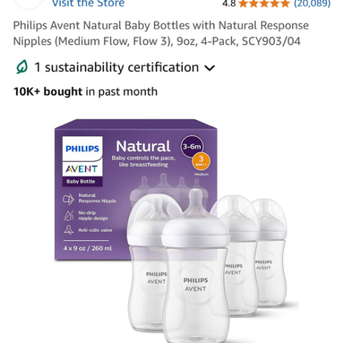 Philips Avent Natural Baby Bottles with Natural Response Nipples (Medium Flow, Flow 3), 9oz, 4-Pack, SCY903/04