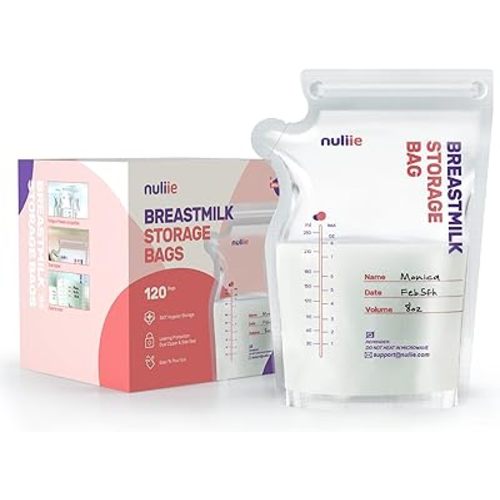 Nuliie 120 Pcs Breastmilk Storage Bags, 8 OZ Breast Milk Storing Bags, BPA-Free, Milk Storage Bags with Pour Spout for Breastfeeding, Self-Standing Bag, Space Saving Flat Profile