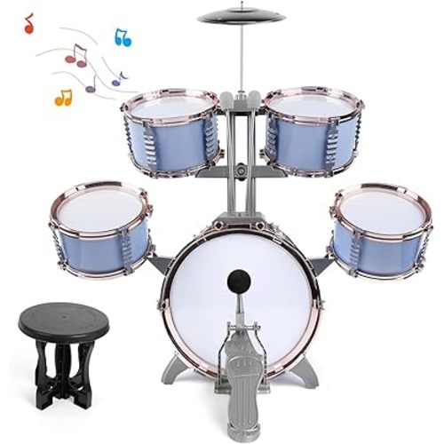 M SANMERSEN Kids Jazz Drum Set - 5 Drums with Stool - Rock Jazz Drum Kit - Musical Enlightenment Educational Toys Gift for Boys Girls