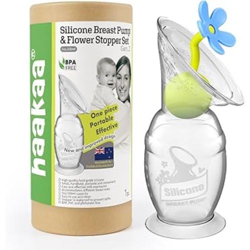haakaa Manual Breast Pump Breastfeeding Pump Silicone Pump Milk Saver with Suction Base and Flower Stopper 100% Food Grade Silicone BPA Free (5oz/150ml) (Blue)