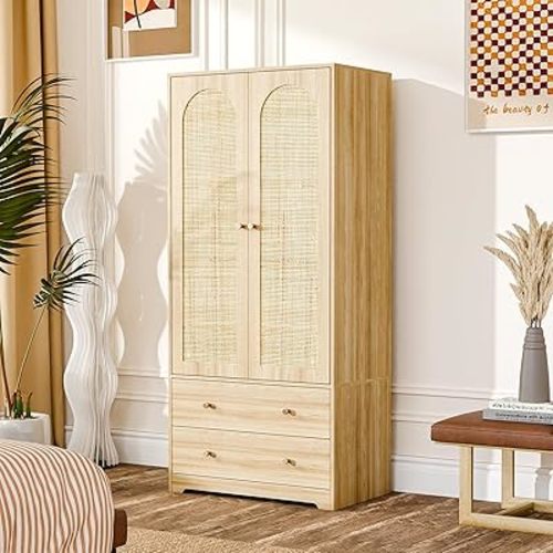 VINGLI Wardrobe Closet with Doors, Rattan Armoire Wardrobe Closet with Drawers & Hanging Rod, Wooden Armoire for Hanging Clothes, Natural Oak, 68.9" H