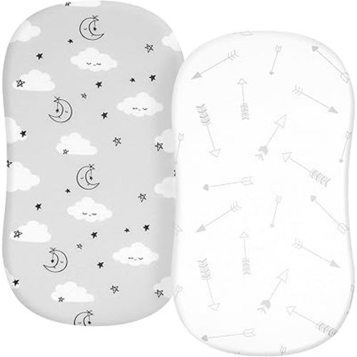 TILLYOU Baby Bassinet Sheets for Girls Boys, Fit for Hourglass Oval Rectangle Bassinet Mattress Sheets, 33”X16”, 2 Pack Grey Clouds