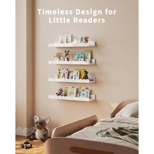 Nursery Book Shelves, 4-Pack White Floating Shelves for Wall Kids, Scalloped Shelves, Wall Book Shelves for Bedroom Kids, Toddler Room, Baby Room, Nursery Decor