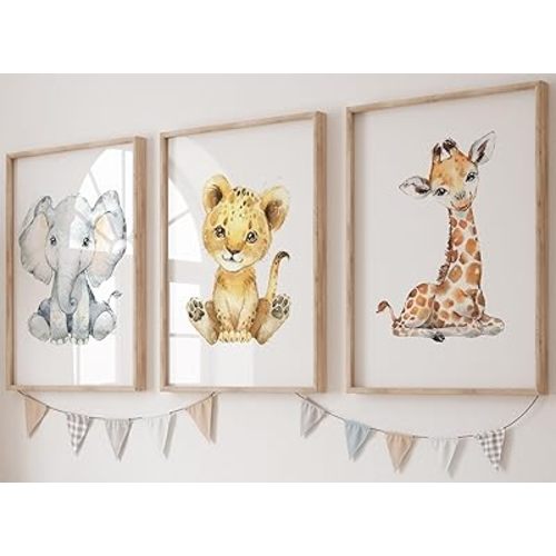 Safari Animals Baby Girl or Boy Nursery Set of 3 Unframed Wall Art Prints, Full Body Baby Animals in Color, Child Bedroom Nursery Decor Posters, Elephant Lion Giraffe (8x10)