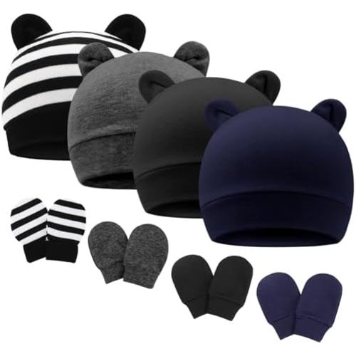 Newborn Baby Hat and Mittens Set Bear Ears Toddler Infant Beanie Caps Newborn Hospital Hat for Baby Boy Girl 0-3 Months