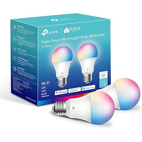 Kasa Smart Light Bulbs, Full Colour Changing Dimmable Smart WiFi Bulbs Compatible with Alexa and Google Home, A19, 9W 800 Lumens,2.4Ghz only, No Hub Required, 2-Pack (KL125P2), Multicolour