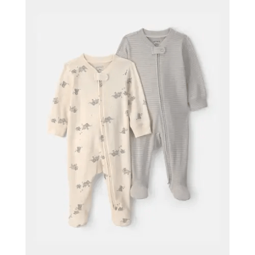 Baby 2-Pack Elephant Striped 100% Cotton 2-Way Zip Sleep & Play Pajamas - Ivory/Grey | Carter's
